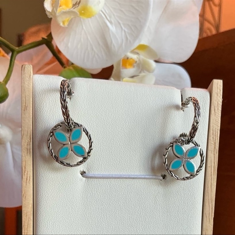 John Hardy 925 Sterling Silver Batud Kewang Enamel Flower Dangle Earrings
